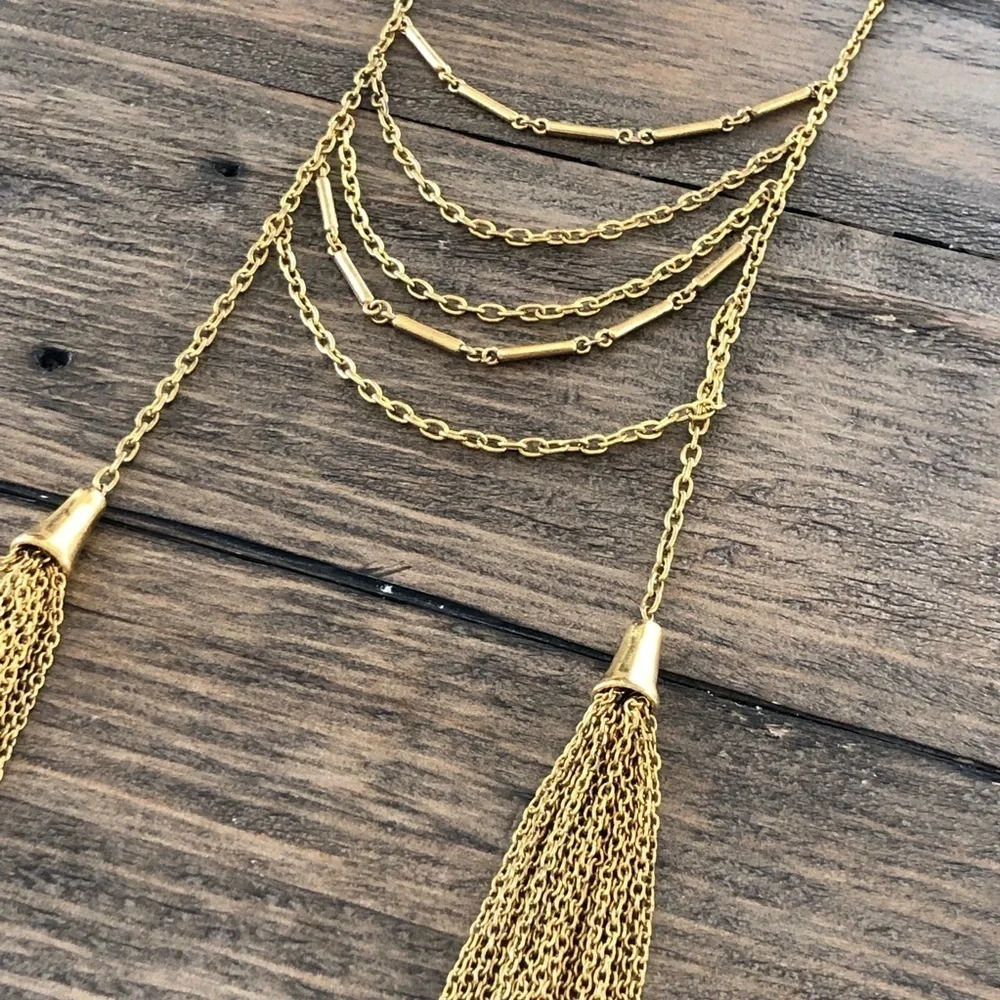 Plunder Gold Tone Double Tassel Long Necklace Ladder Style Fashion Jewelry - Picture 4 of 4